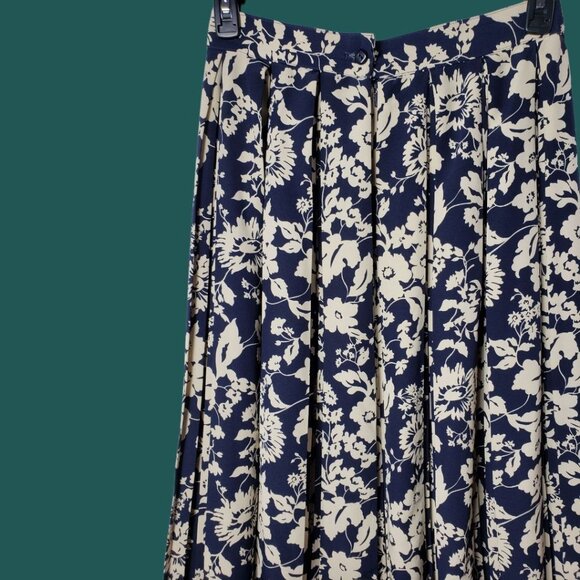 St.Michael Vtg Style Floral Pleated Midi Skirt Navy & Cream Sz 16 - Picture 5 of 10